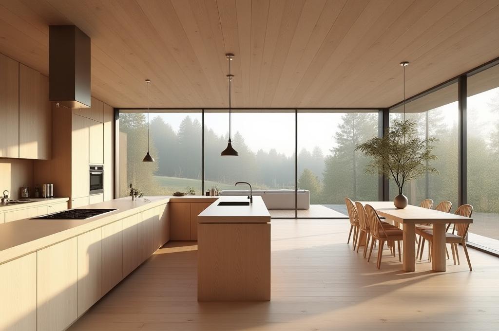 Elegant kök med köksö och utsikt i Kiruna Villa