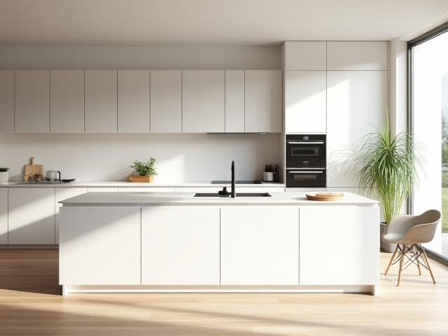 Modernt kök med släta luckor och integrerade handtag i Villa Soludden, Stockholm.