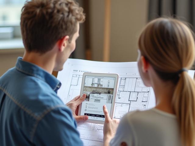 Designer som visar köksplaner på ritning för en kund